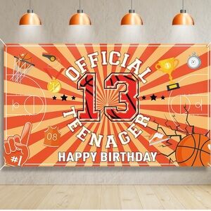 Official Teenager 13 Birthday Backdrop Basketball Theme Party Banner Decoration